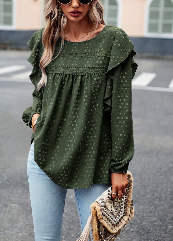 Elegant casual lace patchwork long-sleeved top blouse