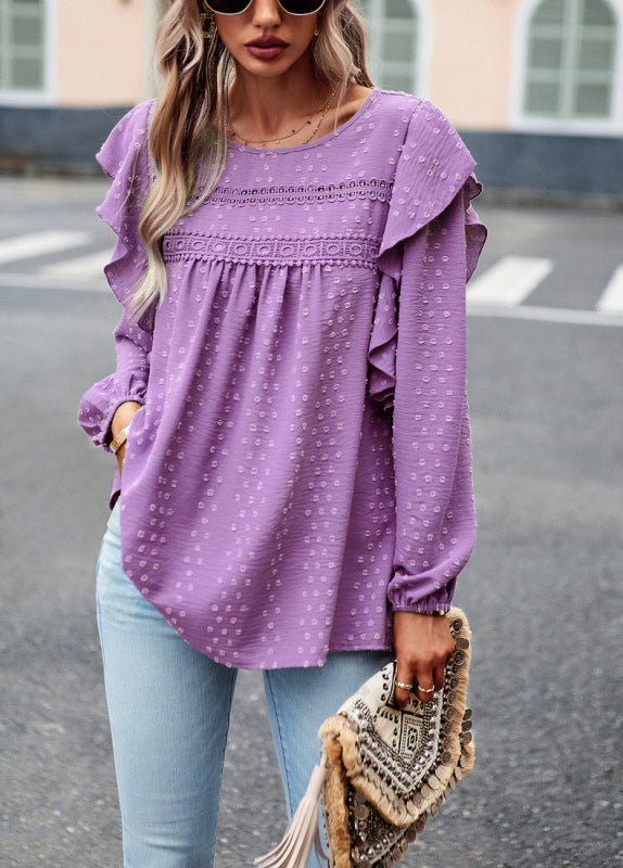 Elegant casual lace patchwork long-sleeved top blouse