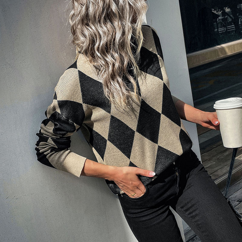 women's autumn and winter diamond long sleeve sweater