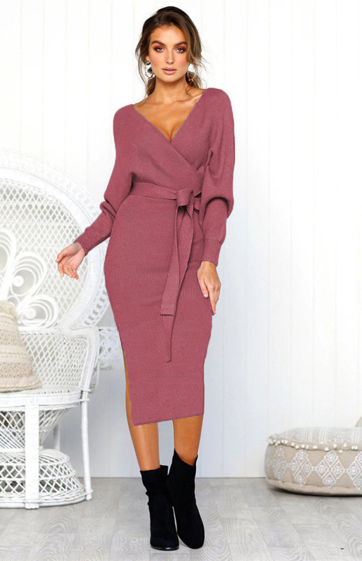 Women's Sexy V-Neck Lace-Up Long-Sleeved Dress