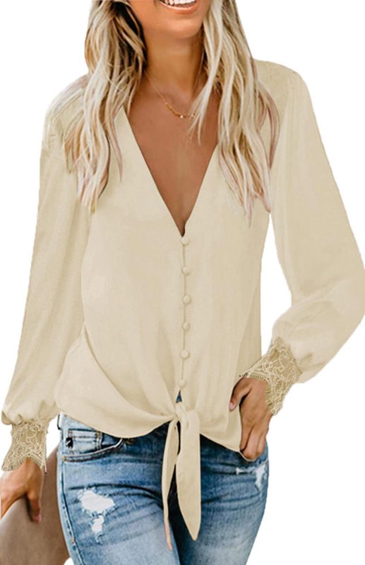 Women's V-Neck Lace Patchwork Solid Color Tie Loose Long Sleeve Chiffon Shirt