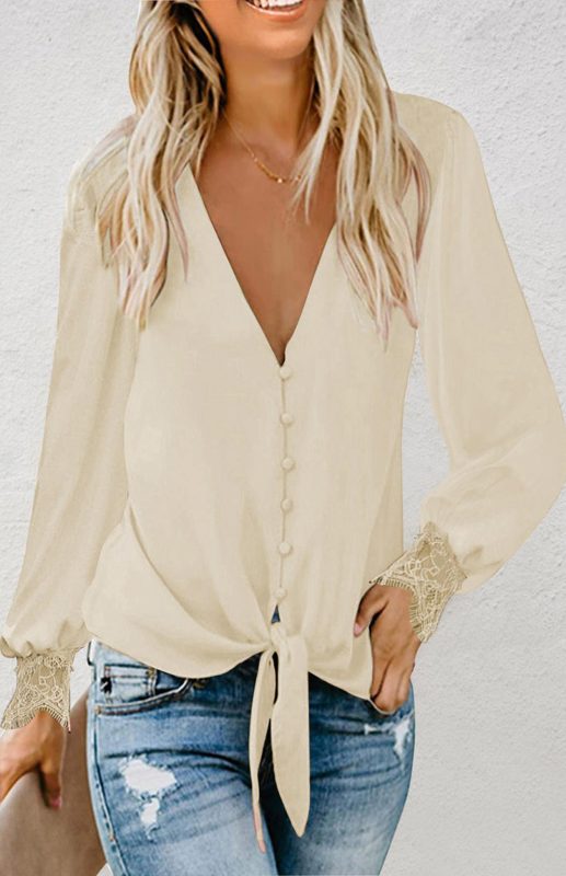 Women's V-Neck Lace Patchwork Solid Color Tie Loose Long Sleeve Chiffon Shirt