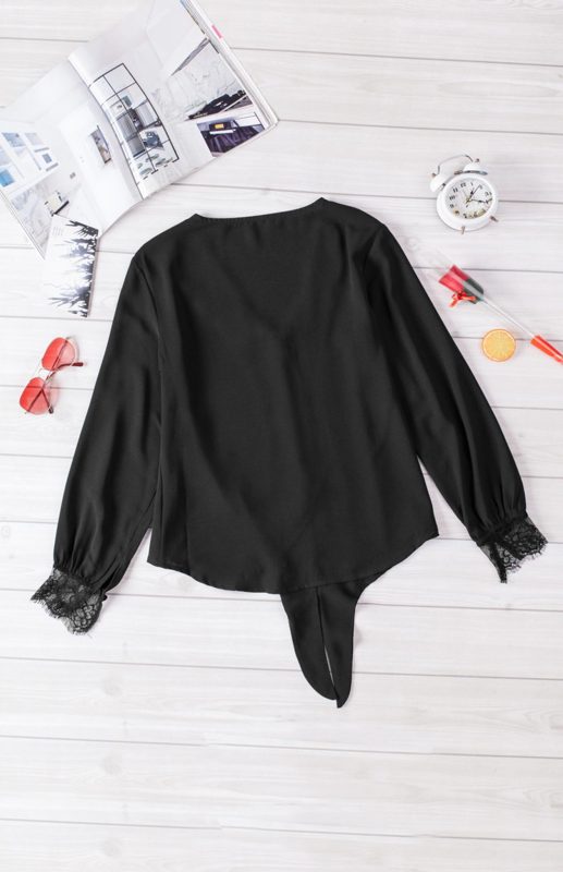 Women's V-Neck Lace Patchwork Solid Color Tie Loose Long Sleeve Chiffon Shirt