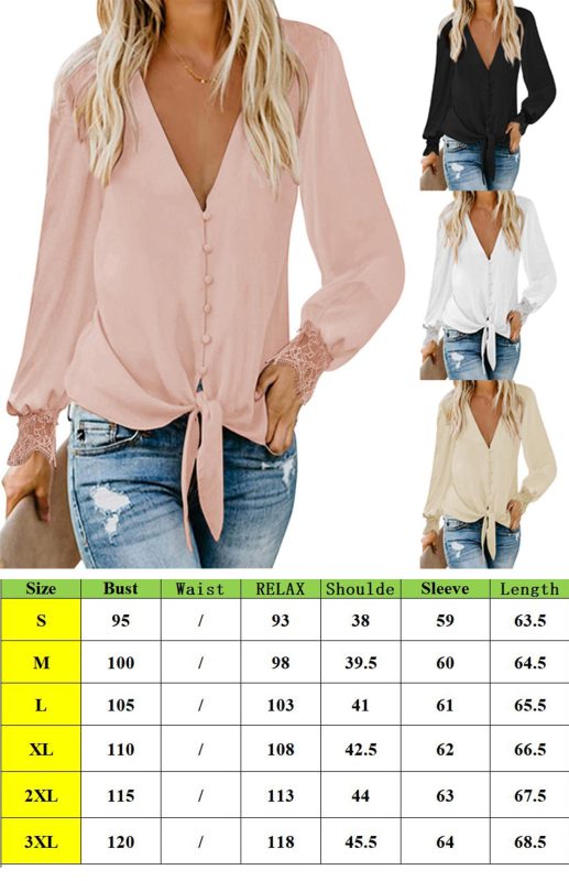 Women's V-Neck Lace Patchwork Solid Color Tie Loose Long Sleeve Chiffon Shirt