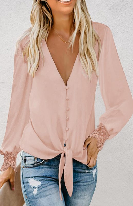 Women's V-Neck Lace Patchwork Solid Color Tie Loose Long Sleeve Chiffon Shirt