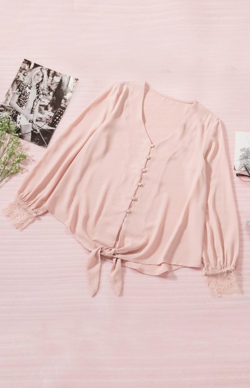 Women's V-Neck Lace Patchwork Solid Color Tie Loose Long Sleeve Chiffon Shirt