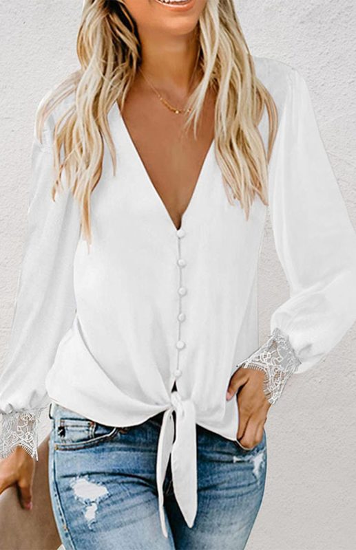 Women's V-Neck Lace Patchwork Solid Color Tie Loose Long Sleeve Chiffon Shirt