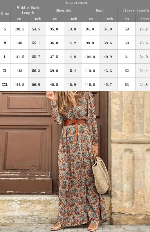 Women's V-neck long-sleeved printed long dress (with belt)