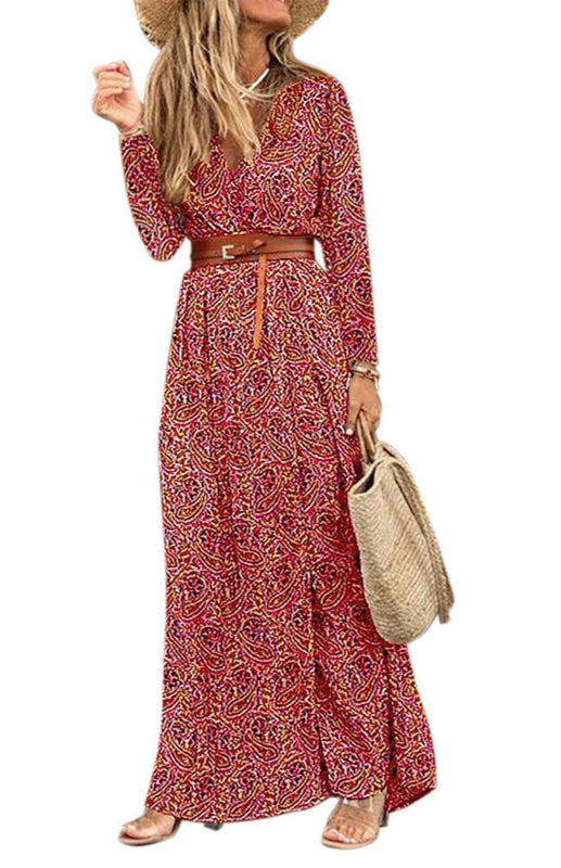 Women's V-neck long-sleeved printed long dress (with belt)