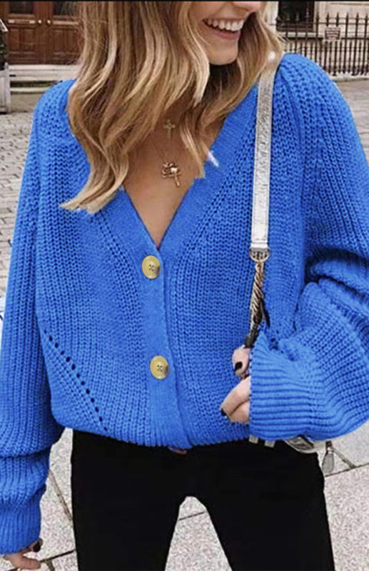 Solid V-Neck Lantern Sleeve Button Knit Cardigan