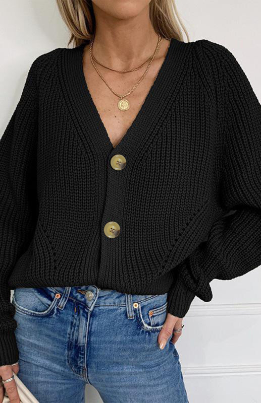 Solid V-Neck Lantern Sleeve Button Knit Cardigan