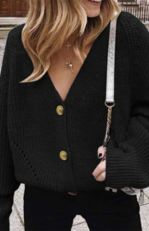 Solid V-Neck Lantern Sleeve Button Knit Cardigan