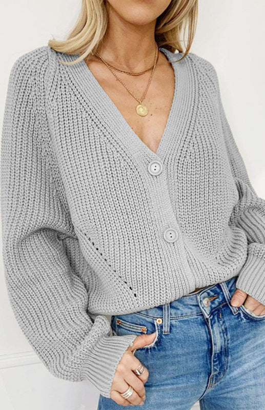 Solid V-Neck Lantern Sleeve Button Knit Cardigan