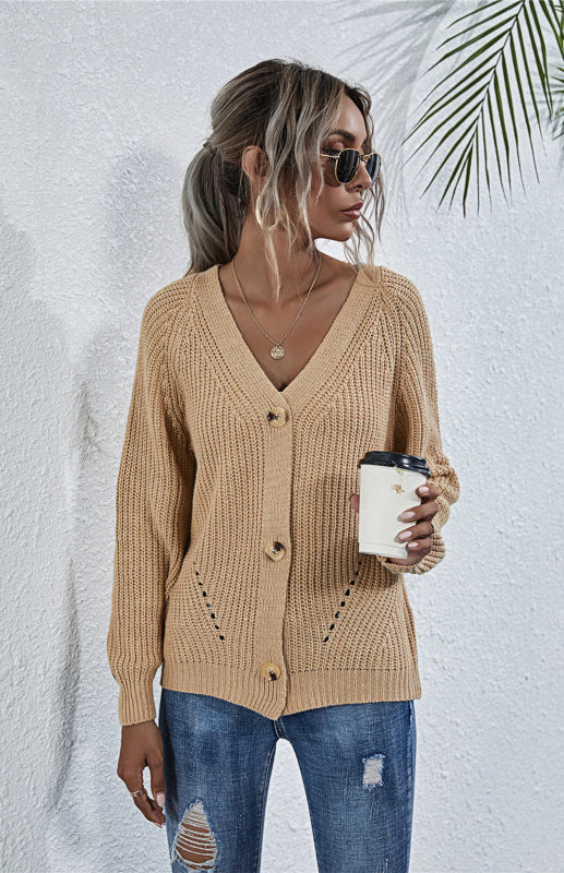 Solid V-Neck Lantern Sleeve Button Knit Cardigan