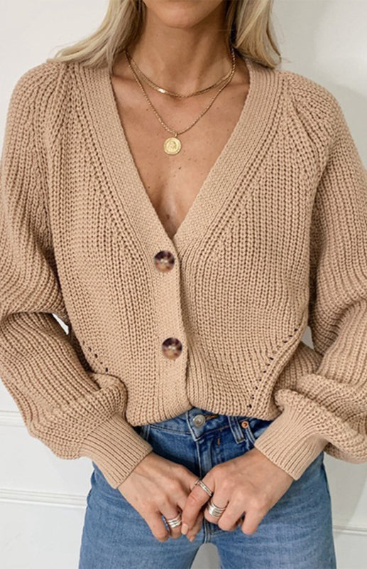 Solid V-Neck Lantern Sleeve Button Knit Cardigan