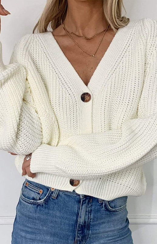 Solid V-Neck Lantern Sleeve Button Knit Cardigan