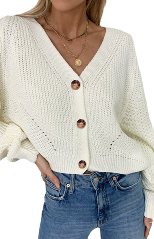 Solid V-Neck Lantern Sleeve Button Knit Cardigan