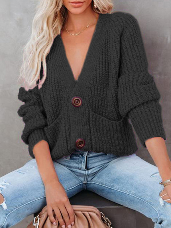 Solid V-Neck Single Breasted Long Sleeved Sweater