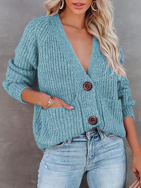 Solid V-Neck Single Breasted Long Sleeved Sweater