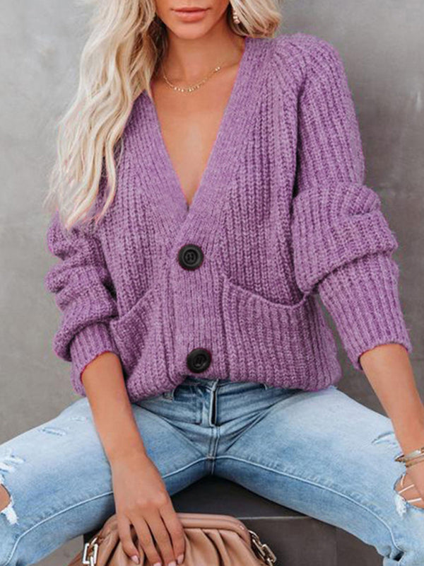 Solid V-Neck Single Breasted Long Sleeved Sweater