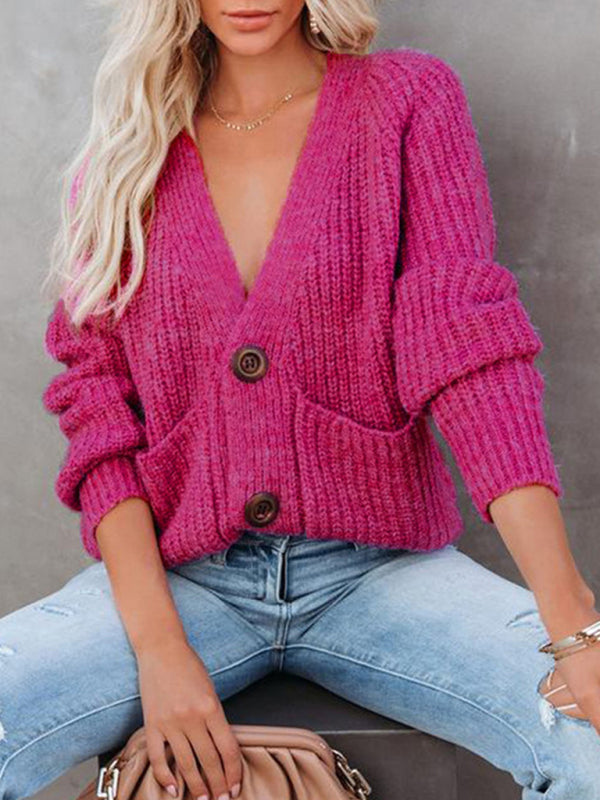 Solid V-Neck Single Breasted Long Sleeved Sweater