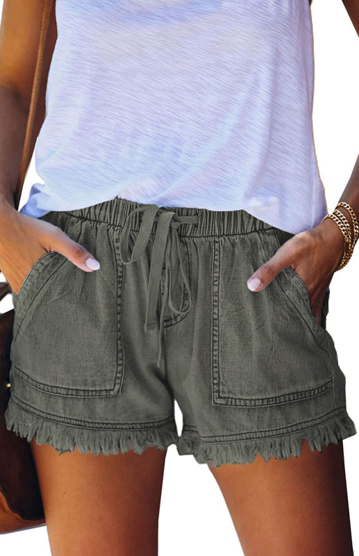 Women's Elastic Waist Drawstring Casual High Waist Slim Denim Shorts