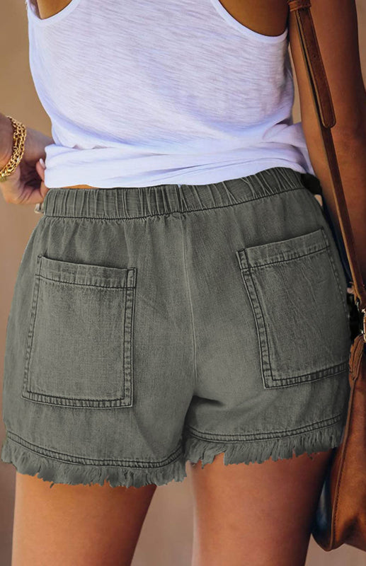 Women's Elastic Waist Drawstring Casual High Waist Slim Denim Shorts