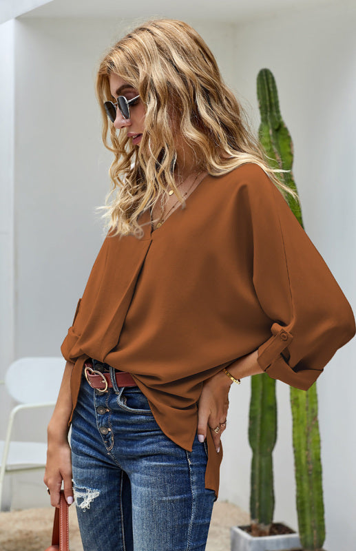 White/Black/Red/Apricot V Neck 3/4 Sleeve High Low Hem Shirt