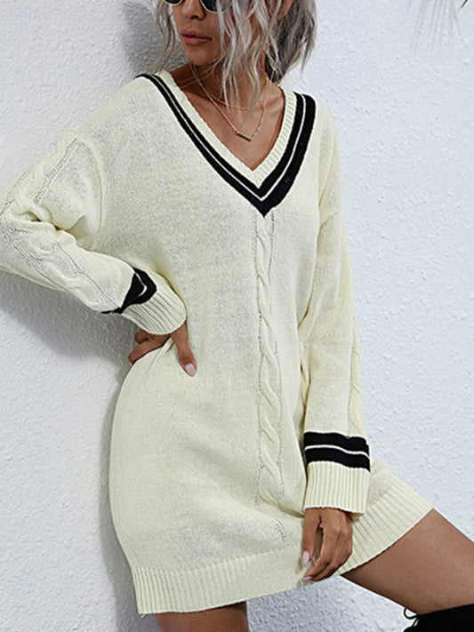 women's stitching v-neck long bottoming knitted sweater dress