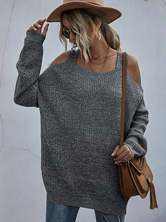 women's solid color knitted square neck off shoulder bottoming sweater with long sleeves