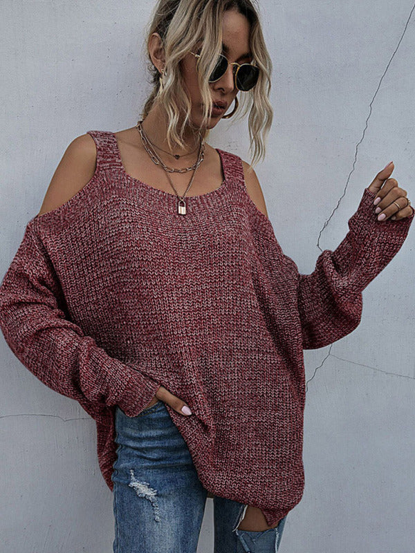 women's solid color knitted square neck off shoulder bottoming sweater with long sleeves