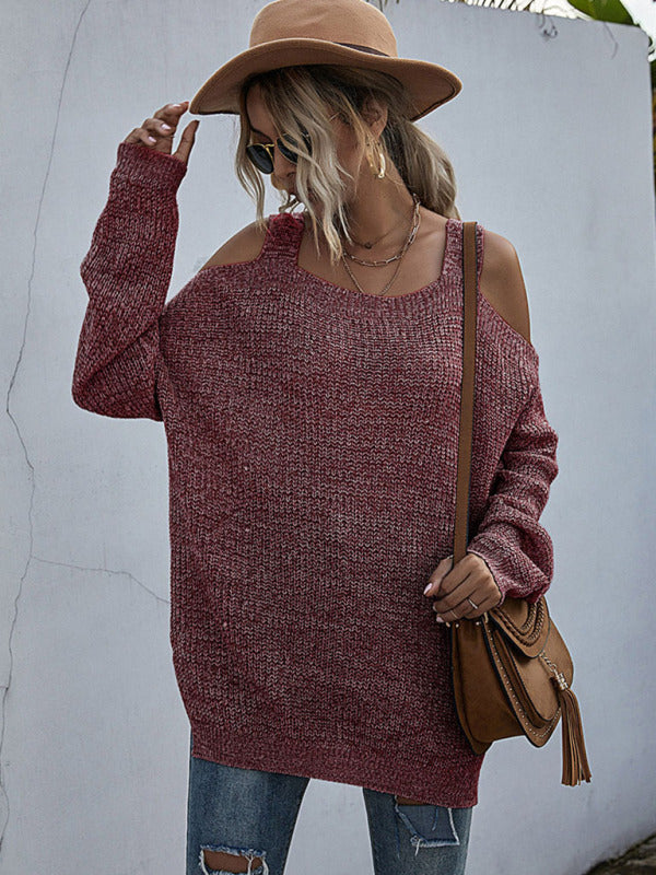 women's solid color knitted square neck off shoulder bottoming sweater with long sleeves