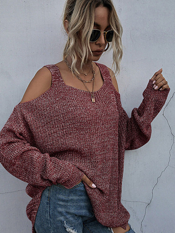 women's solid color knitted square neck off shoulder bottoming sweater with long sleeves