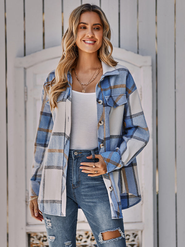 Women's single breasted casual plaid belt jacket