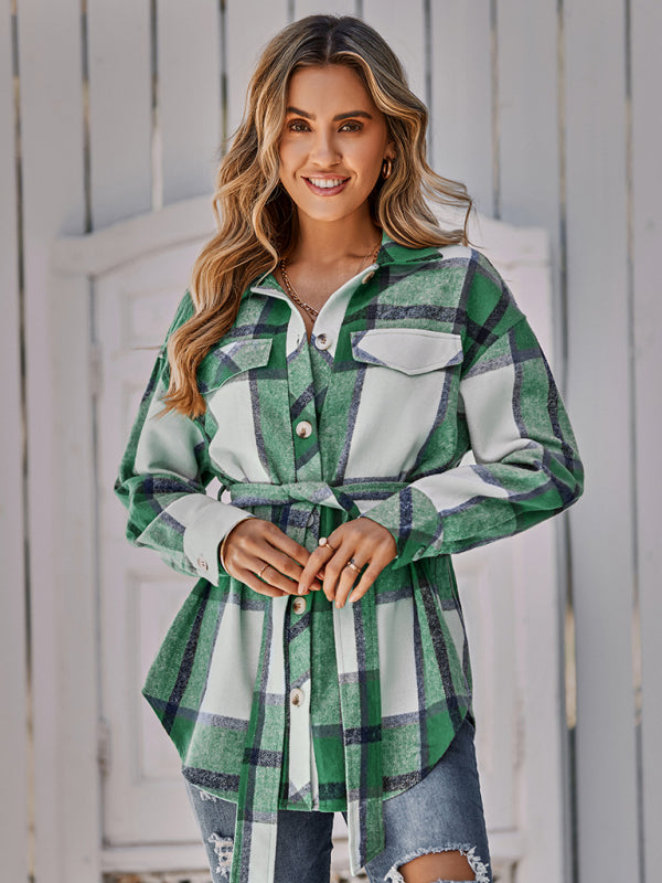 Women's single breasted casual plaid belt jacket