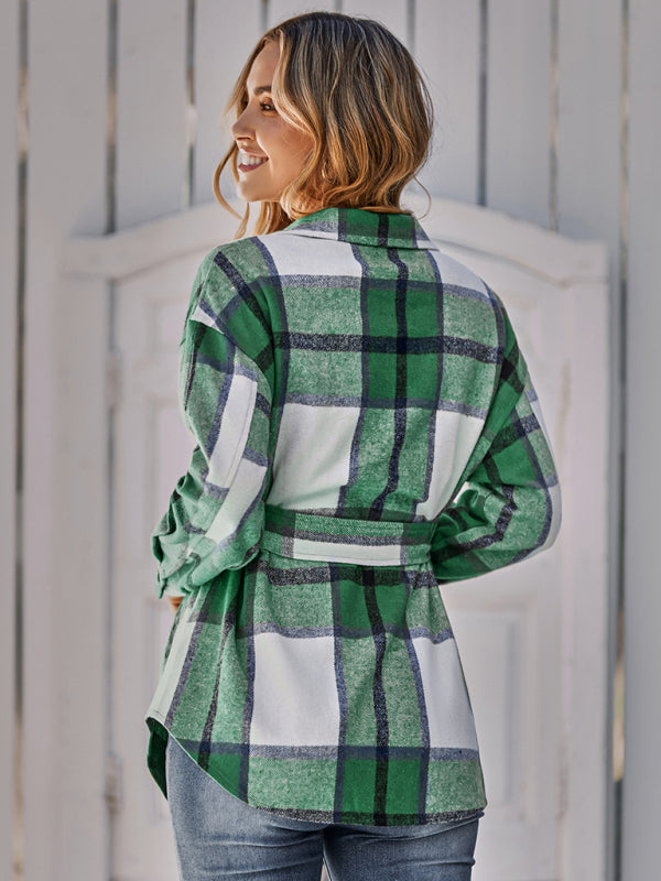 Women's single breasted casual plaid belt jacket