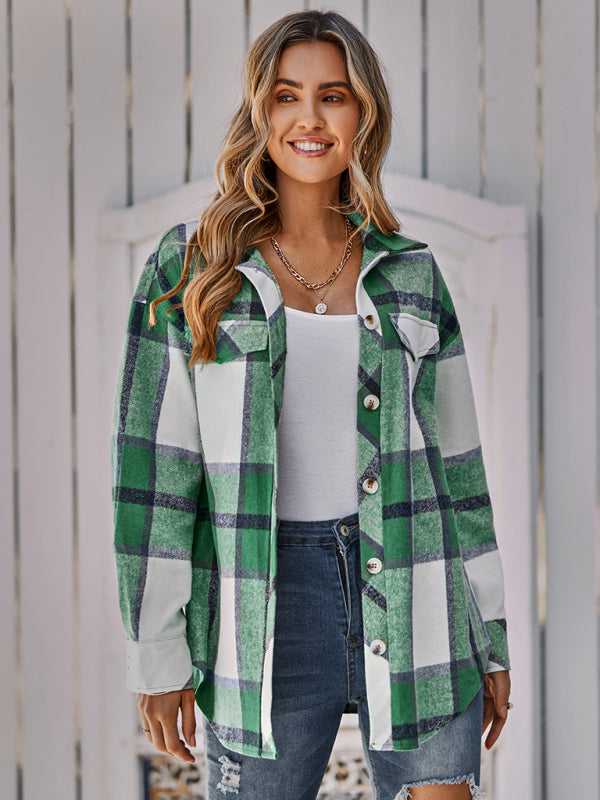 Women's single breasted casual plaid belt jacket