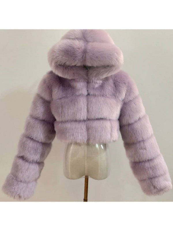 Women's short faux fur coat with hood and long sleeve patchwork