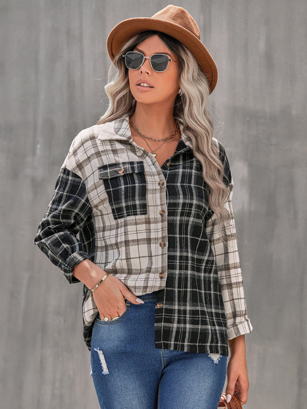 Women's lapel plaid long sleeve loose shirt