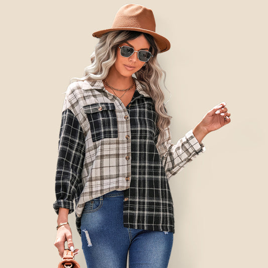 Women's lapel plaid long sleeve loose shirt