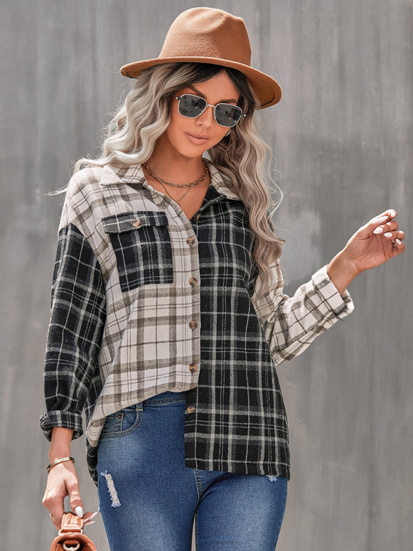 Women's lapel plaid long sleeve loose shirt