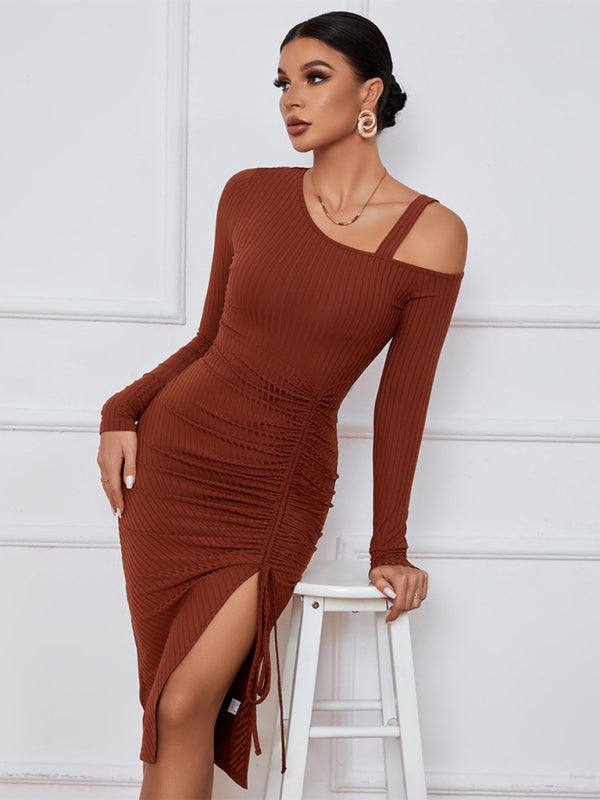 Open shoulder strapless package hip long sleeve sexy dress