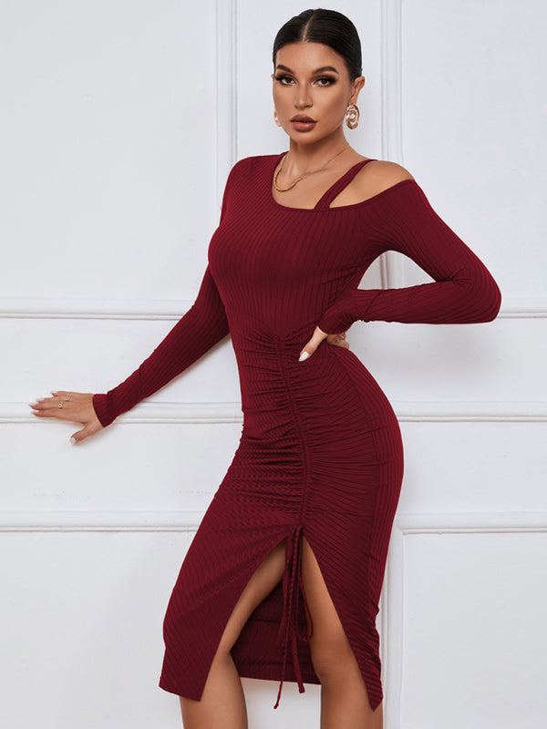 Open shoulder strapless package hip long sleeve sexy dress