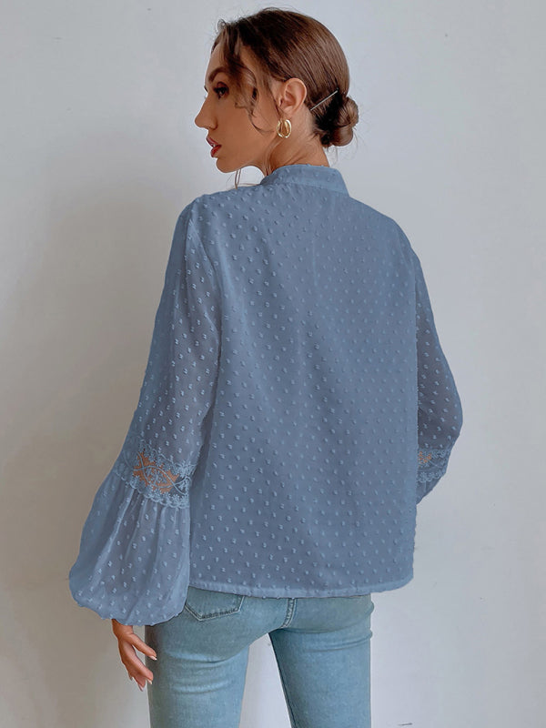 Polka Dot Chiffon Lace Panel Loose Commuting Blouse