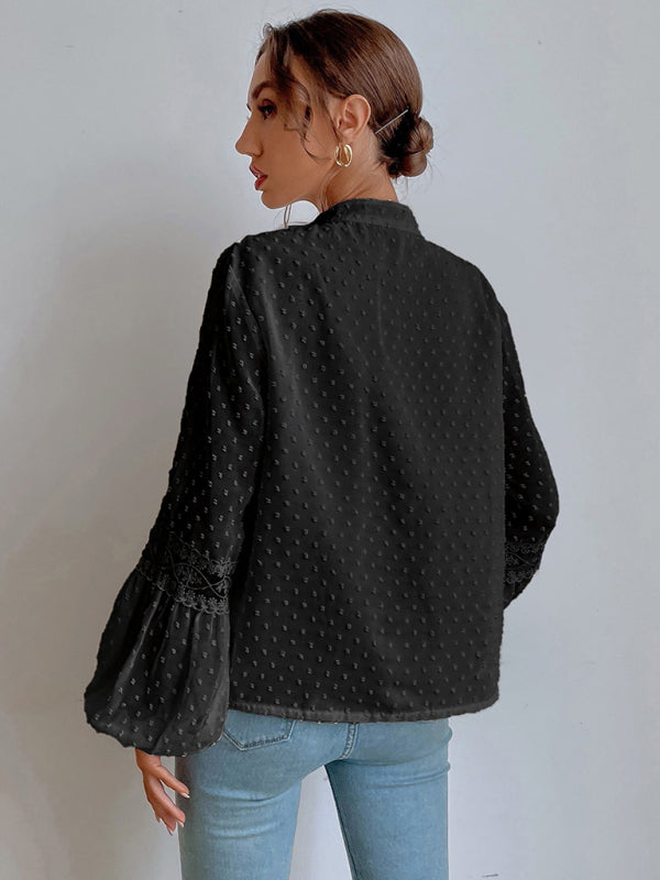 Polka Dot Chiffon Lace Panel Loose Commuting Blouse