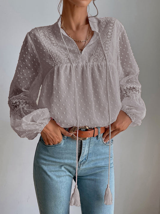 Polka Dot Chiffon Lace Panel Loose Commuting Blouse