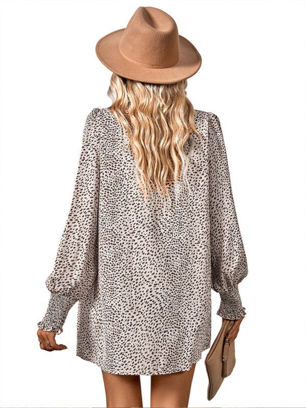 Trendy Leopard Print Balloon Sleeve Ladies Blouse