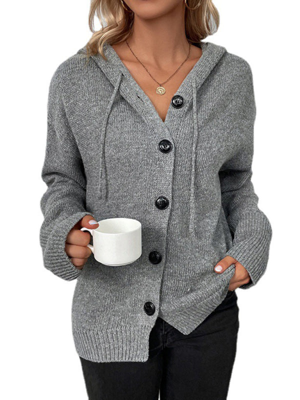 Solid Color Hooded Single-Breasted Drawstring Knit Cardigan Sweater Jacket