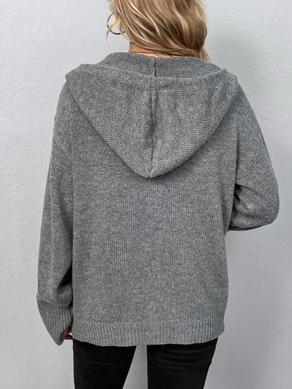 Solid Color Hooded Single-Breasted Drawstring Knit Cardigan Sweater Jacket