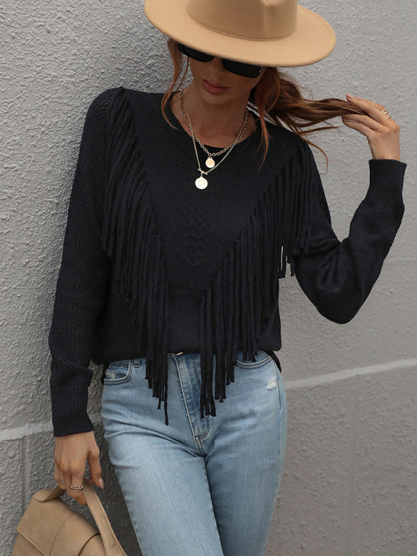 Pullover loose solid color knit fringed sweater